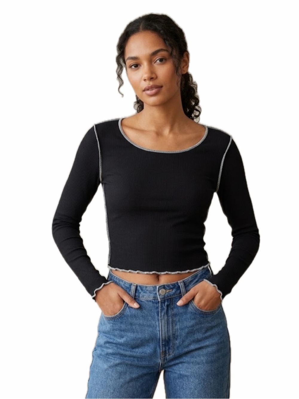 ONESTEPUP WOMEN L BLACK/WHITE LONG SLEEVE SCOOP NECK CROPPED BASIC TEE NWT